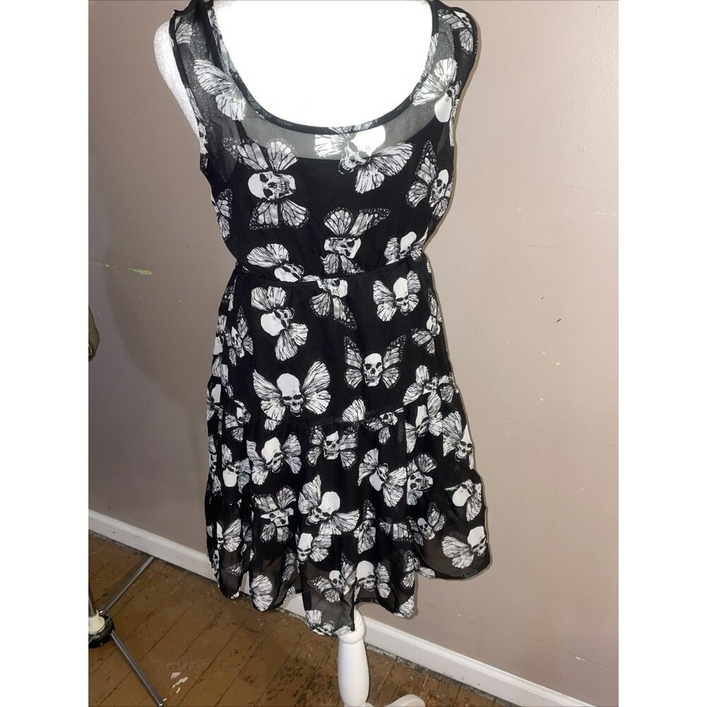 Hot Topic Skull Butterfly Black Mini Dress Skater Sleeveless Sheer Overlay Sz M - Picture 7 of 11
